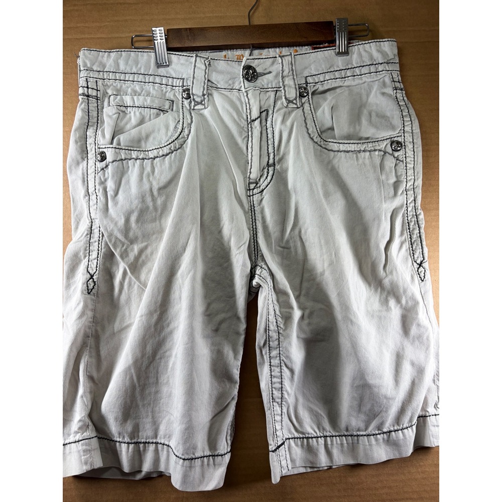 Rock Revival Corduroy Shorts Mens 32 Light Grey Slim Fit Heavy Stit Fleur-De-Lis - Picture 2 of 12
